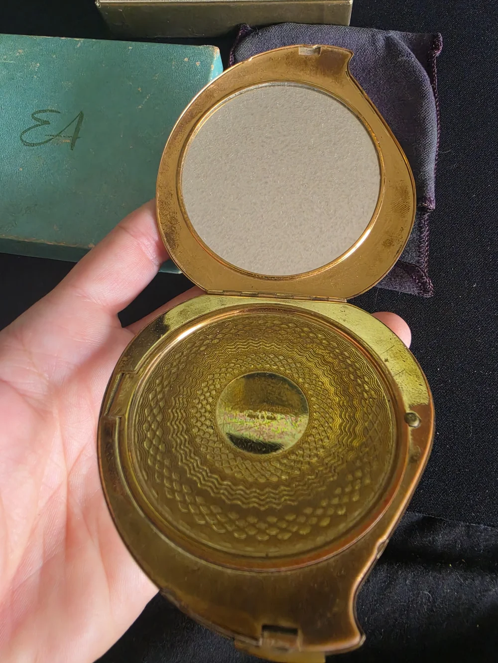 Vintage Elgin American Powder Compact Palette Shape Etched Tree With Box 